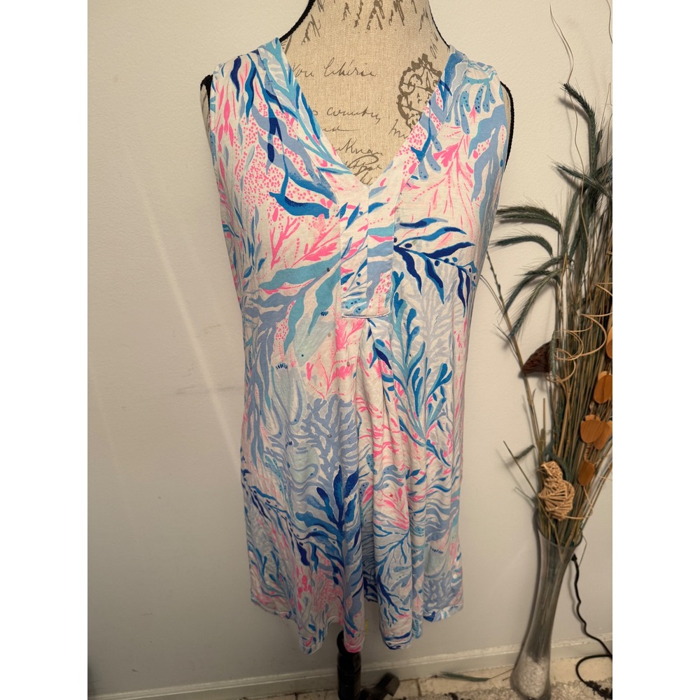 Lilly Pulitzer Sleeveless V-Neck Shift Dress — Blue, Pink, White Sea Coral Print